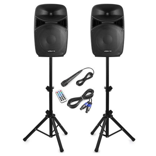 Vonyx VPS122A 12" Active PA Speakers with Bluetooth & Stands - 800W Power