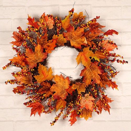 45CM Fall Front Door Wreath Autumn Color Maple Leaf Halloween Wall Decor Garland