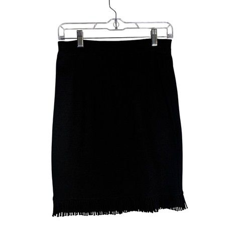 Vintage Bechamel Wool Blend Fringe Hem Knit Pencil Skirt Black Goth 80s 90s S