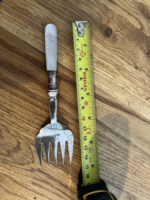Antique Mother of Pearl Handled Fish Serving Fork – Engraved 5 Prong c.15cm