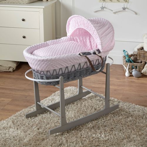 Baby Moses Basket With Stand - Pink Dimple / Grey Wicker | Bedding And Mattress — image 1