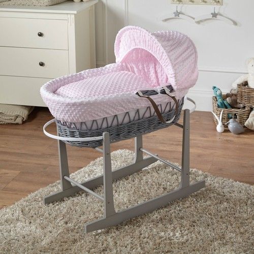Baby Moses Basket With Stand - Pink Dimple / Grey Wicker | Bedding And Mattress