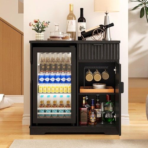Wine Cabinet Coffee Bar Buffet Sideboard with Built-in Refrigerator & Storage UK
