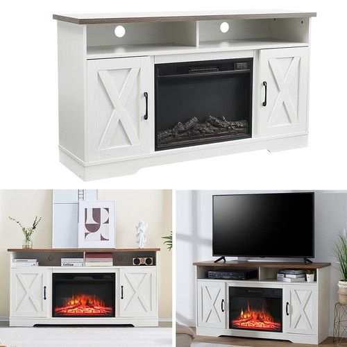 Modern TV Stand 138cm Unit Cabinet w/ Electric Fireplace Fire Logs Heater Flame
