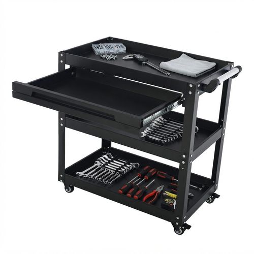 3-Tier Workshop Tool Trolley Cart with Drawer, Steel Garage Storage Cart, Black — image 1