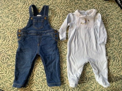 Jojo Maman Bebe Bundle 3-6 Month Blue Dungarees Peter Rabbit Sleepsuit