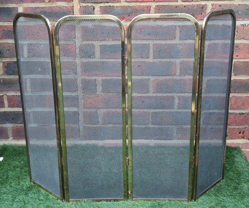 Vintage Brass Folding Fire Guard Screen 4 Panel Mesh Fireplace Spark Guard