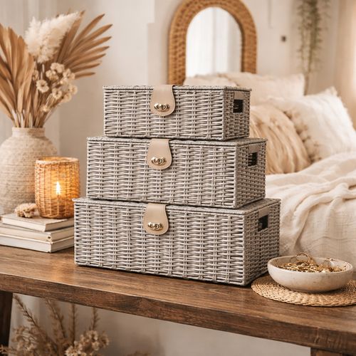 3pc Storage Basket Set - PE Wicker Woven Hamper Box Lid & Lock Stackable Home — image 7