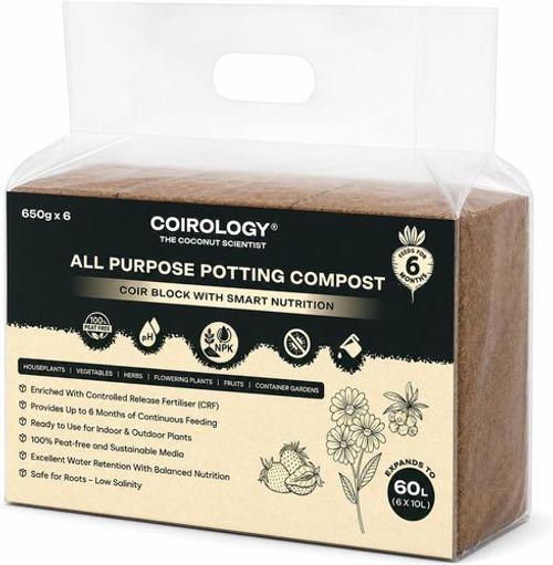COIROLOGY All Purpose Coco Coir Compost Bricks 6x650g Peat Free Potting Soil 60L