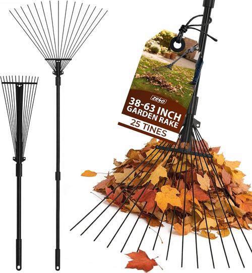 25 TINES ADJUSTABLE TELESCOPIC METAL GARDEN RAKE LEAF METAL HANDLE LAWN GRASS — image 1