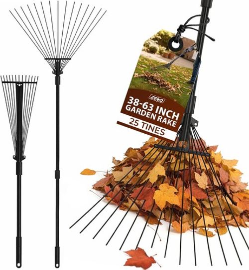 25 TINES ADJUSTABLE TELESCOPIC METAL GARDEN RAKE LEAF METAL HANDLE LAWN GRASS