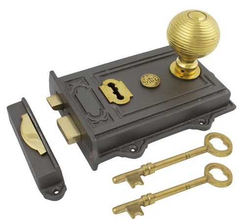 CAST IRON DAVENPORT RIM LOCK + RIM DOOR KNOB SET HANDLES OLD VINTAGE VICTORIAN