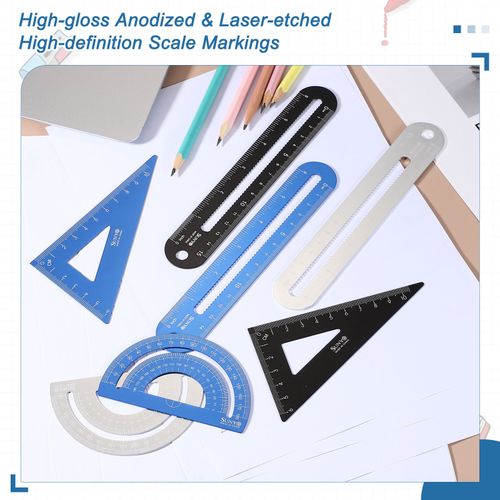 8pcs Triangular Ruler Set 15cm/6" Aluminum Ruler Geometric Protractor Black] — image 4