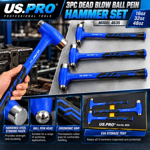 US PRO 3pc Dead Blow Ball Pein Hammer Set 16oz 32oz 48oz Fibreglass - 4635 — image 11