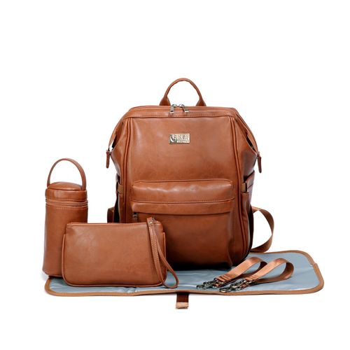 ELF PHOENIX Nappy Bag Backpack Faux Leather Brown 5pcs Diaper Baby Mummy Gift — image 1