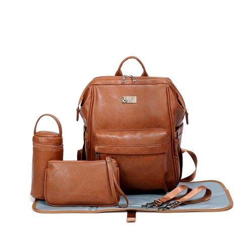 ELF PHOENIX Nappy Bag Backpack Faux Leather Brown 5pcs Diaper Baby Mummy Gift