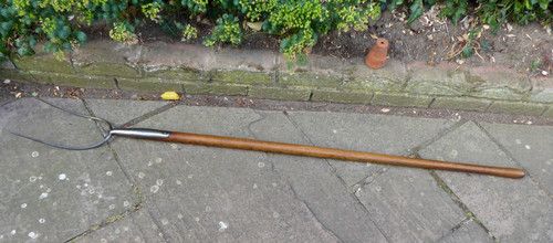 Vintage Pitch Fork - 2 Prong hay fork - Old Farm Tool. Long wooden handle.