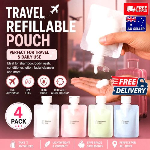 4 Pack Refillable Travel Bottle with Dispenser Top 50ml /100ml Squeeze Pouch Set