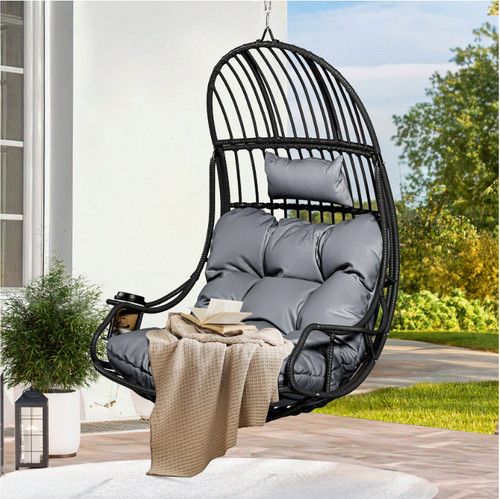 Hanging Egg Chair, Rattan Outdoor Indoor Swing Seat Hammock With Cushions, Grey