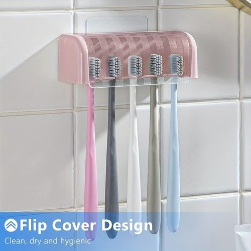 5 Slot Covered Toothbrush Holder Wall Mounted Self Adhesive Bathroom Storage Rac