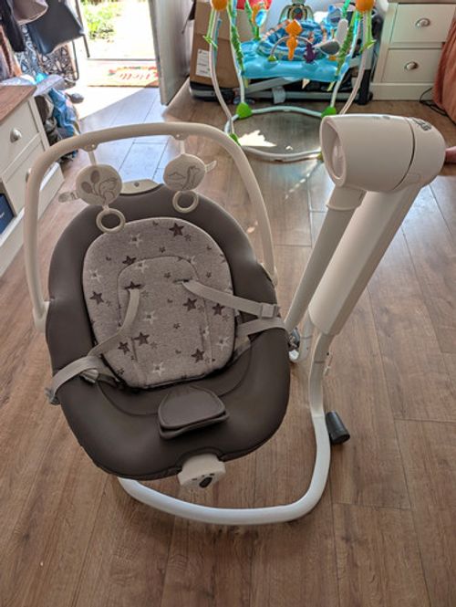 Grey & White Baby Swing/Bouncer Seat, Stars Theme, Toy Bar, Harness, Frame