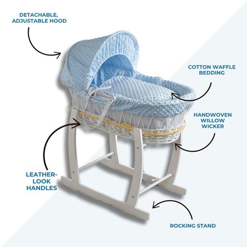 Baby Moses Basket With Stand - Pink Dimple / Grey Wicker | Bedding And Mattress — image 3