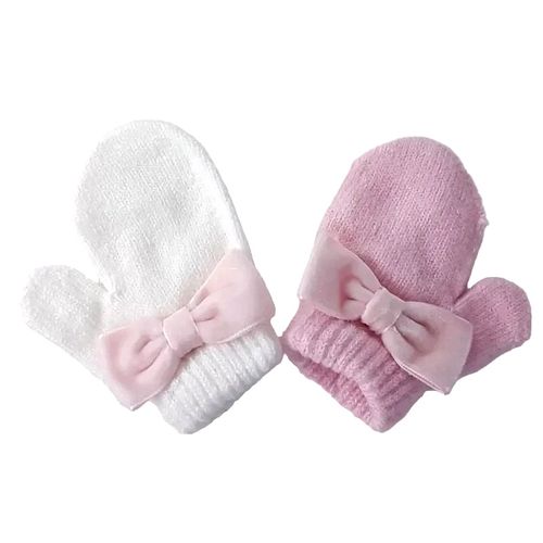 Baby Girls Velvet Bow Mittens Gloves  Spanish Knit  ~ Pesci Baby ~ White Pink — image 2