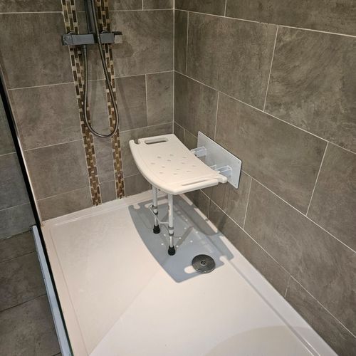 Wall mounted folding fold down shower seat chair stool bench adjustable legs — image 3