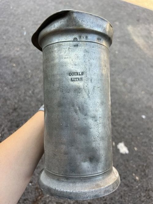 Antique French Pewter Double Litre Measure Jug Pichon Saint-Lo Normandy Lid 1860