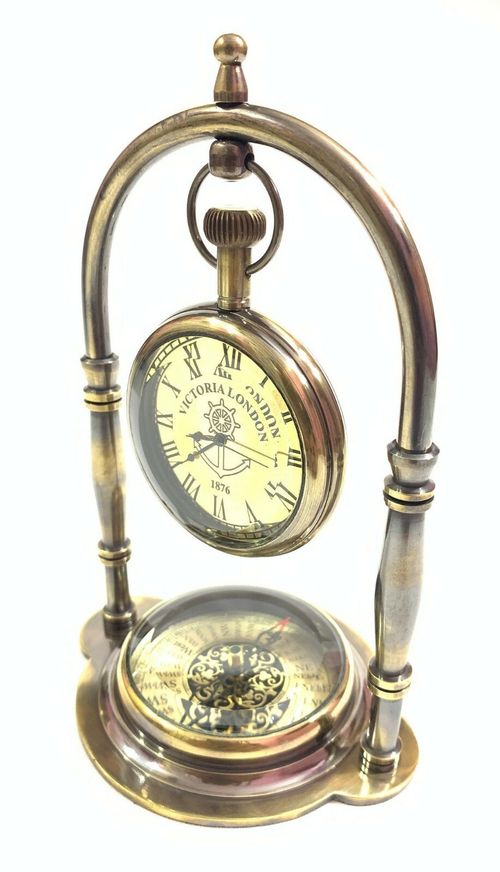 Antique Nautical Victorian London Brass Table Top Decor Clock with Compass — image 10