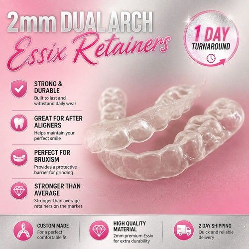 2mm Custom Fit Dental Essix Retainers Upper & Lower 1 day turnaround, No kit 