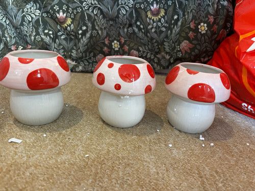 Ceramic White & Red Polka Dot ,Mushroom Figurine, Glossy Decorative Nature Theme