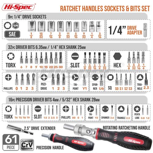 Screwdriver Bits Socket Set 61pc 1/4in Hex Torx, Right-Angle Ratchet - Hi-Spec — image 2
