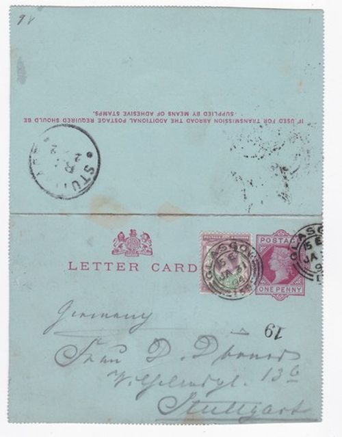 1894 QV FINE 1½d JUBILEE STAMP ON GLASGOW 1d LETTER CARD TO STUTTGART GERMANY
