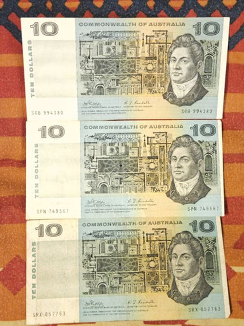 1968 - Australia - 3 x $10 (Ten) AUD Dollars Banknote Circulated