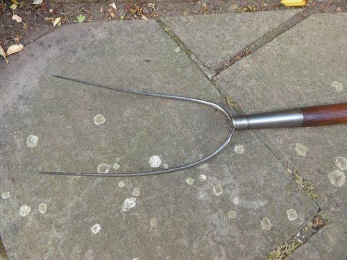 Vintage Pitch Fork - hay fork - 2 Prong Old Farm Tool. Long wooden handle. — image 2
