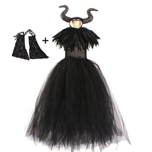 UK Set Kids Maleficent Cosplay Costume Dress Headband Girl Halloween Outfit* new