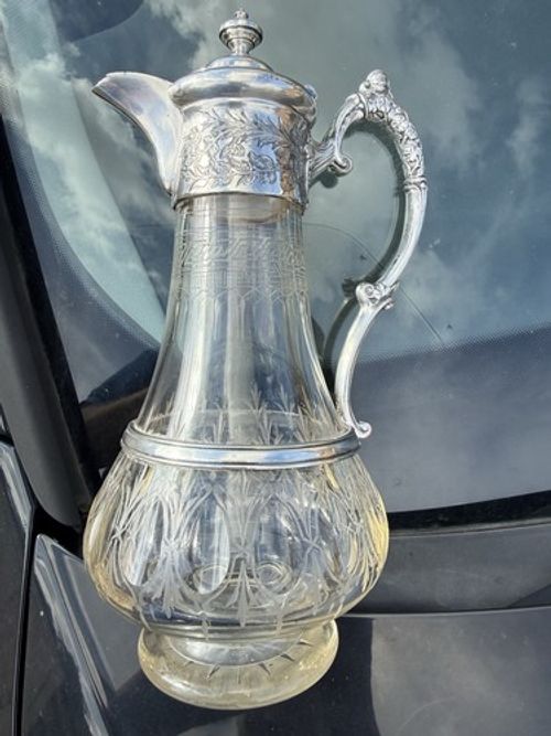 Victorian Cut Glass Claret Jug With Silver Plated Mounts