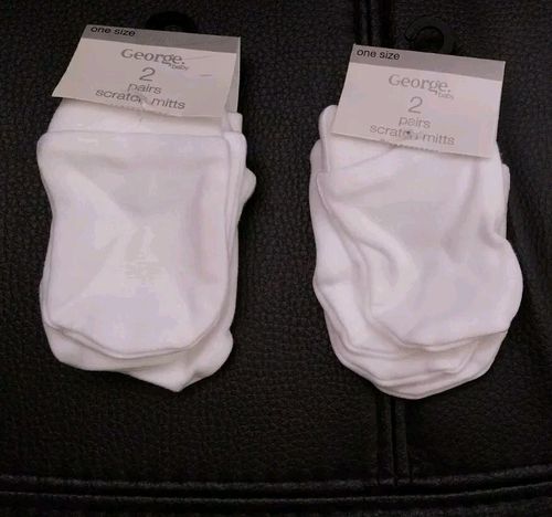 Boys Girls 4 Pairs Gloves 100% Cotton White Mitt Soft Toddler Mittens George  — image 1
