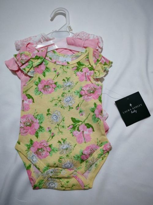 Laura Ashley Baby Girl Floral Bodysuit 0-3 , 3-6, 6-9 months Pack of 3, Cotton