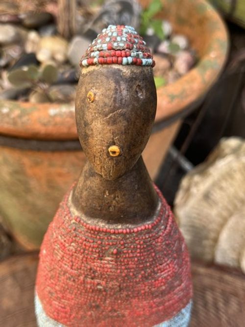 Antique African Kikuyu doll vintage carved wood shell statue Kenya beaded figure