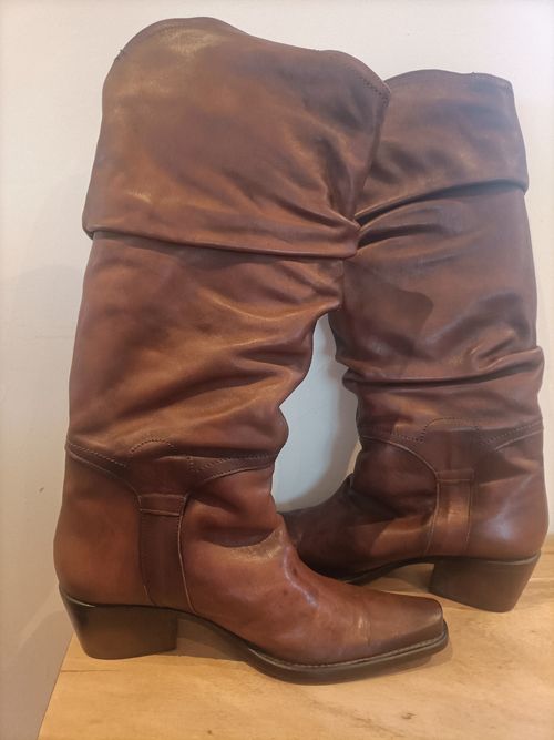 Tall Leather Brown Buckle Knee Block Heel Boots UK7/8 41 cowboy slouch worn once — image 9