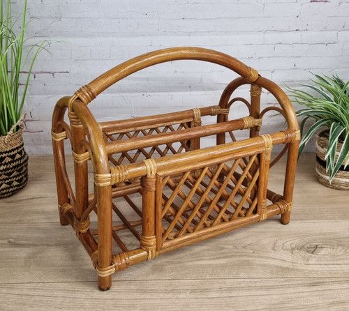 Vintage Mid Century Rattan Bamboo Magazine Rack Bentwood MCM Boho Holder Heart