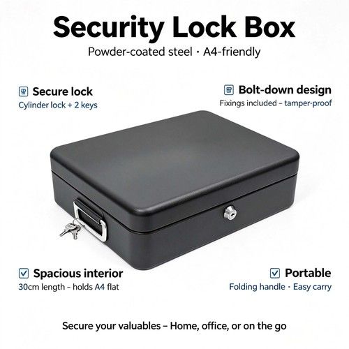 A4 Security Lock Box Large Chest Cash Safe Keys Document Home Office Box