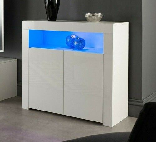 White Gloss Sideboard Storage Cabinet 90cm 2 Door LED Lights Cupboard