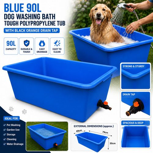 Large Dog Washing Bath 90L Blue Tough Polypropylene Tub With Drain Tap Pet Baths