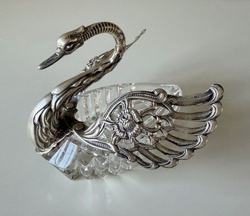 Vintage Hallmarked 925 Sterling Silver & Cut Crystal Glass Swan Salt Cellar Dish