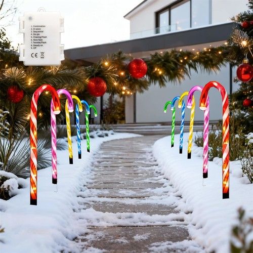 10pc Christmas Candy Cane Stakes Pathway Lights Multicolor 55cm Battery Operated