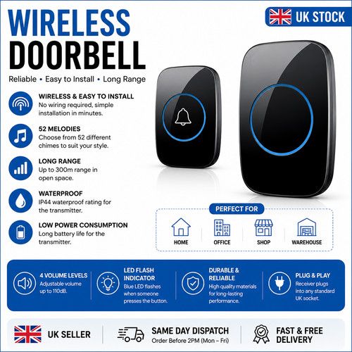 Wireless Doorbell Waterproof Plug In Door Bell Chime 300M Range USB Plug