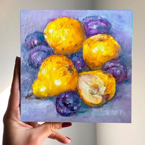 Original Pears Plums Oil Painting Still Life 6x6in Fruit •Signed by OlgaS — image 2